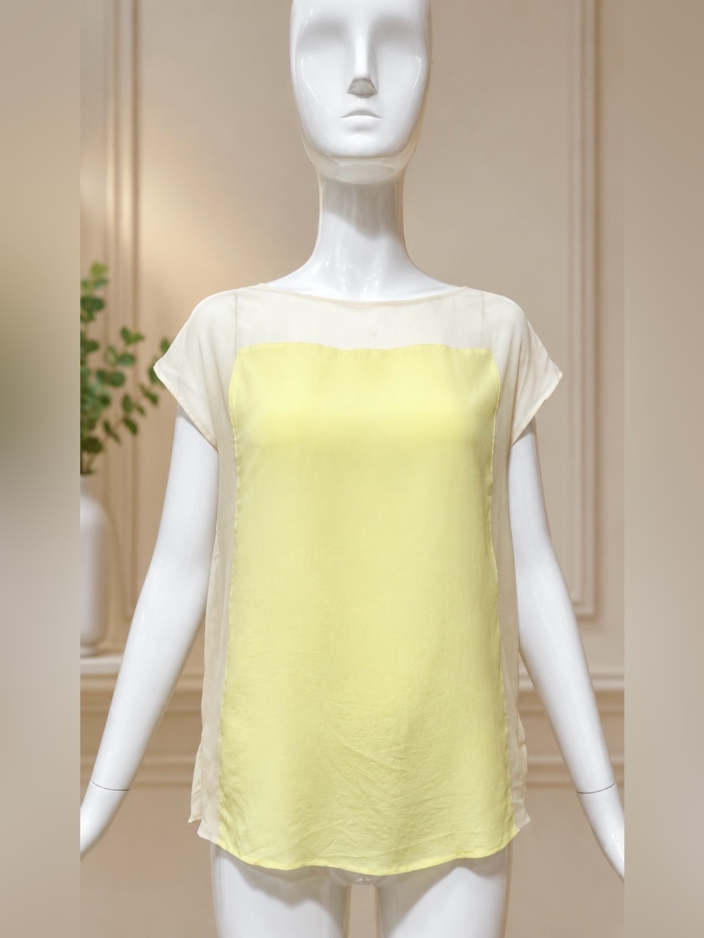 Club Monaco 100% Silk Colourblock Blouse XS Ivory Lemon Yellow
